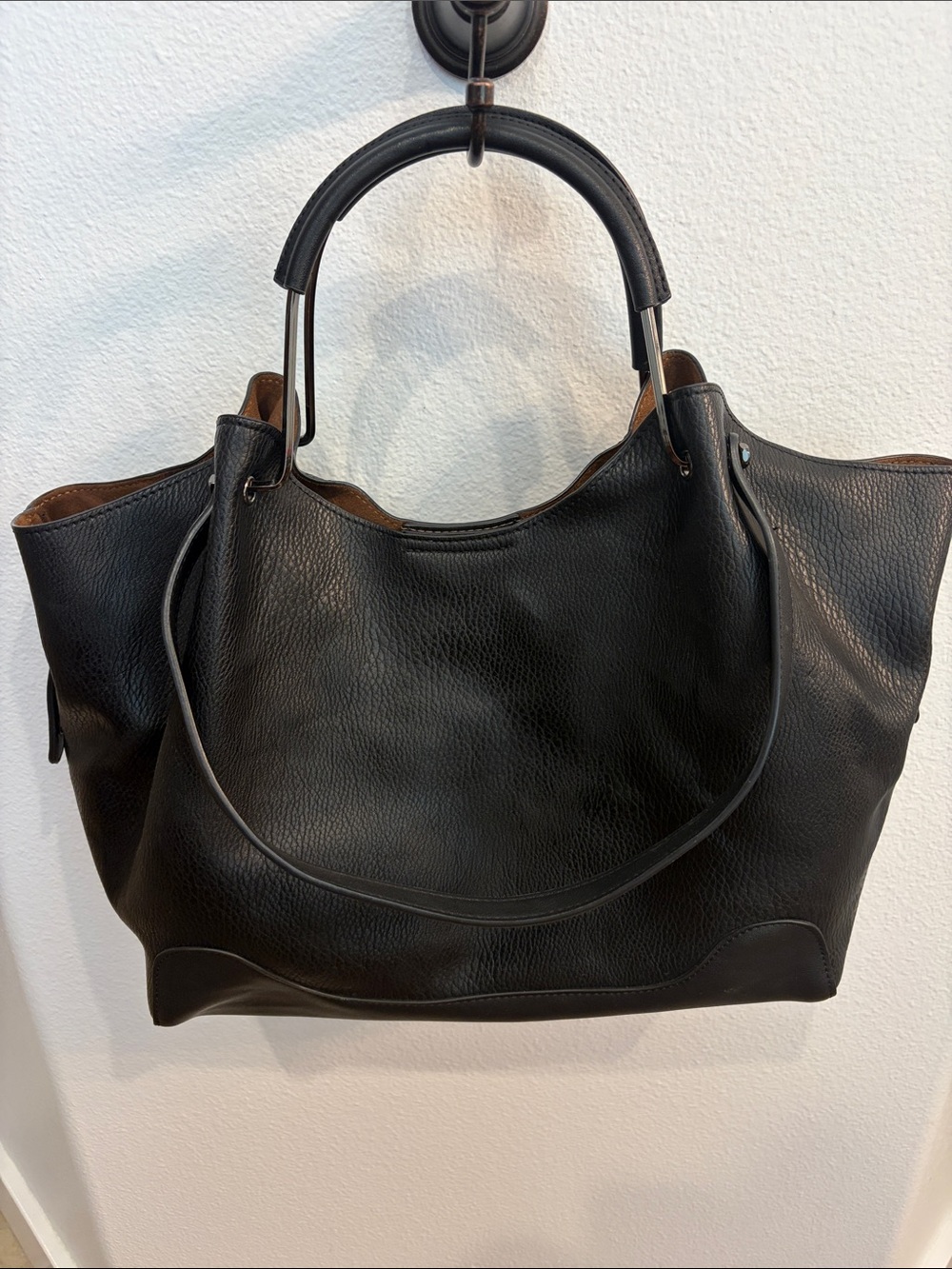 Sondra Roberts Black faux leather Tote with Black Trim and Patterned Lining